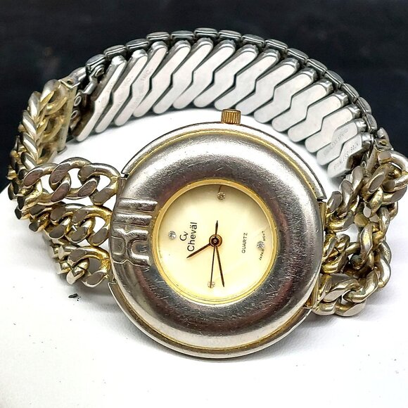 Vintage Cheval Two Tone Gold Silver Quartz Ladies Wristwatch With Unique Chain L - Picture 1 of 5